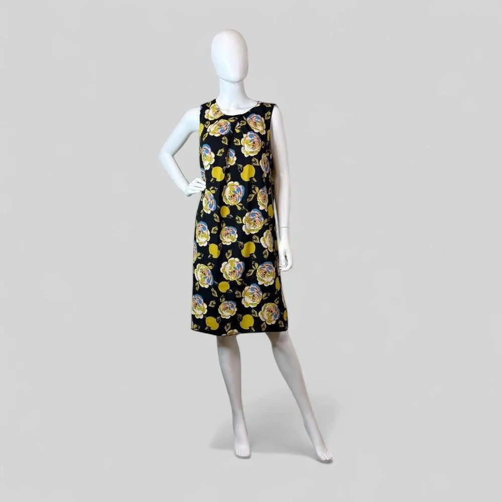 Nine West Womens Floral Citrus Print Sleeveless Shift Dress Black Yellow